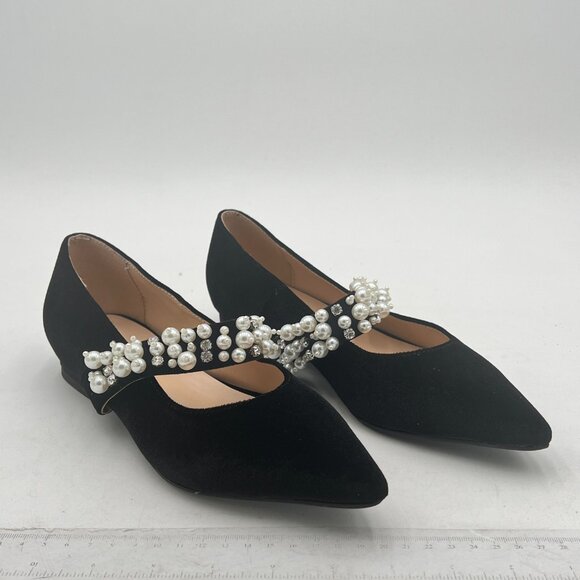 XYD Black Pointed Toe Velvet Pearl Strap Beaded Mary Janes Dress Shoes - Picture 4 of 8